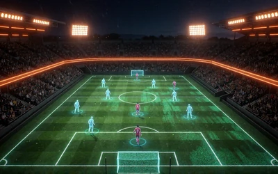 Virtuelles Fu&szlig;ballstadion mit leuchtend gr&uuml;nem Spielfeld bei Nacht in der Lizaro Virtual Sports Arena