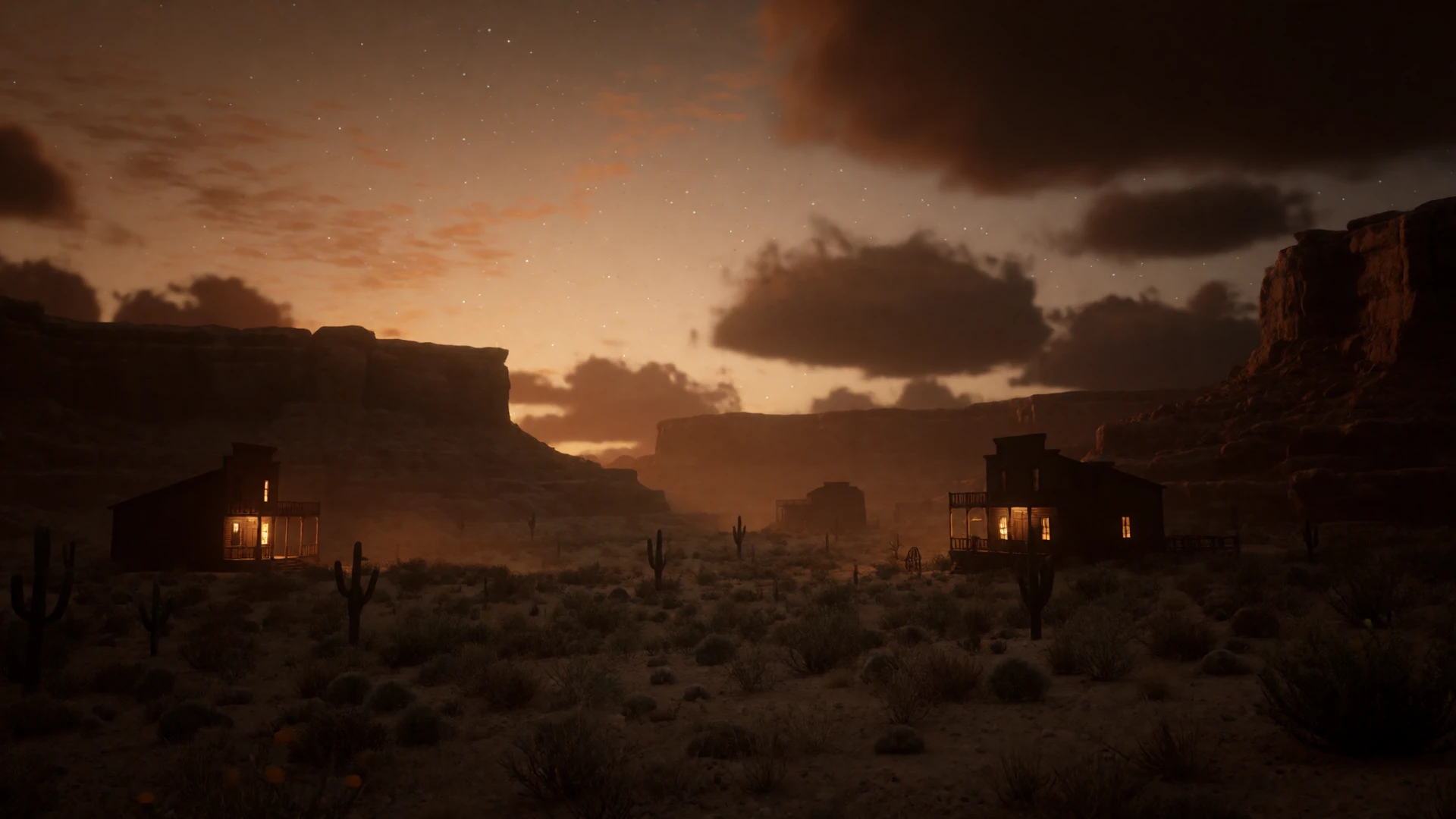 W&uuml;sten-Canyon bei D&auml;mmerung mit Saloon-Silhouetten als Lizaro Casino Wild West Kulisse