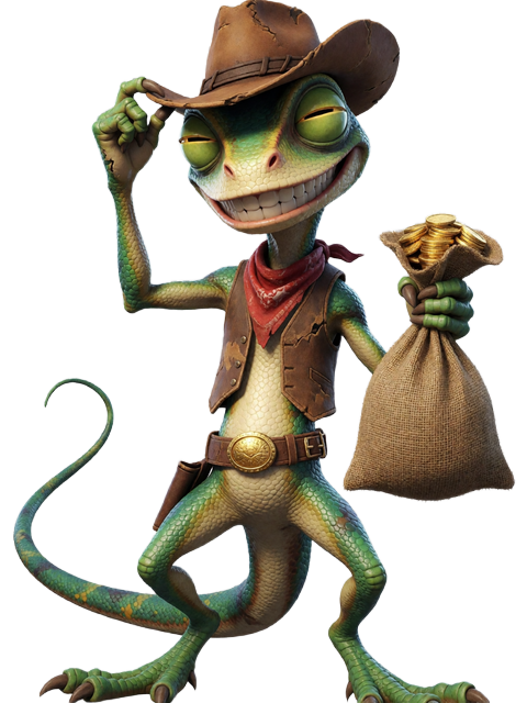 Lizaro Echsen-Cowboy Maskottchen, das den Cowboyhut hebt und einen Goldm&uuml;nzensack h&auml;lt, freudige Pose