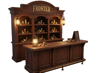 Holz-Ladentheke mit Goldm&uuml;nzen und Belohnungs-Token f&uuml;r den Lizaro Coin Shop