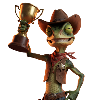 Lizaro Echsen-Cowboy Maskottchen mit goldener Troph&auml;e und Sheriff-Stern