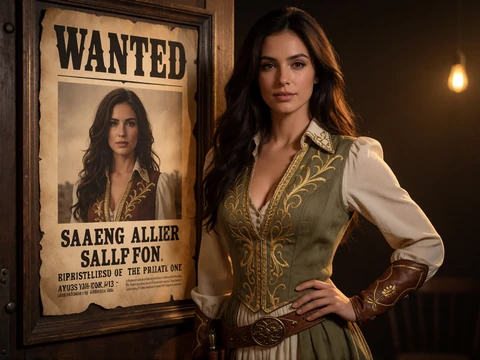 Model in Western-Saloon-Dress mit Goldstickerei neben Wanted-Poster-Rahmen f&uuml;r Lizaro Willkommensbonus