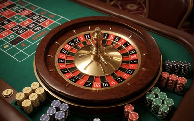 Live Roulette Tisch mit gr&uuml;nem Filz und goldenem Rad im Lizaro Live Casino