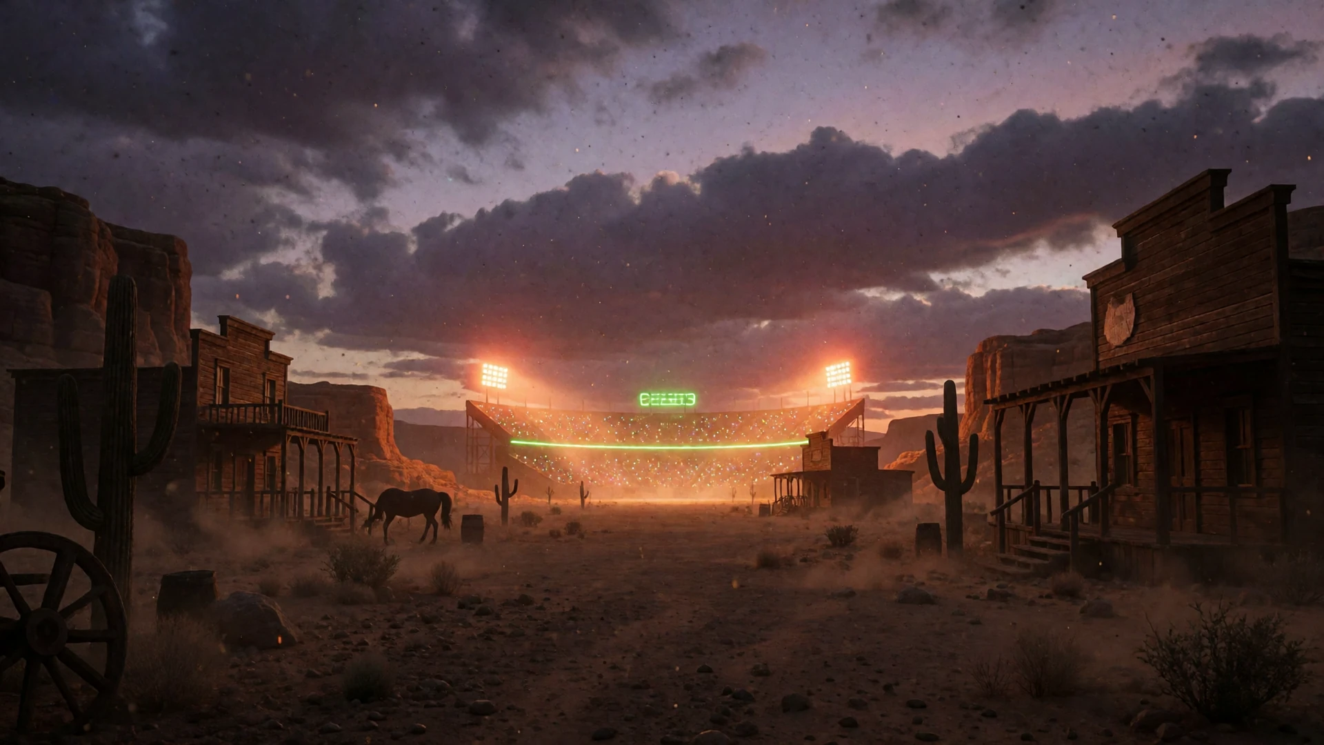 W&uuml;sten-Canyon bei D&auml;mmerung mit leuchtendem Fu&szlig;ballstadion als Lizaro Sportwetten Wild West Kulisse